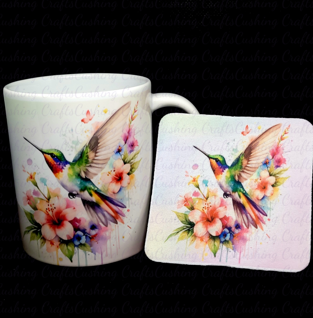 Sublimated Hummingbird Mug & Coaster Set